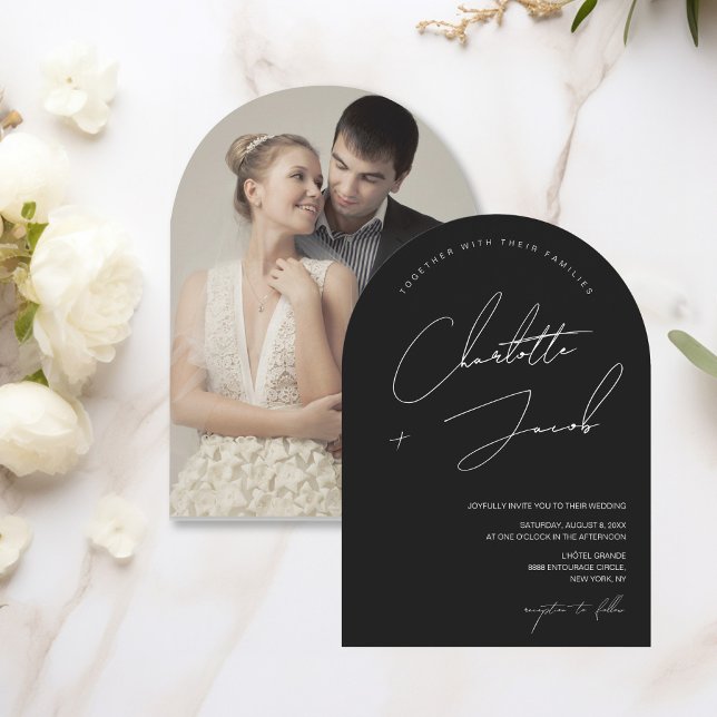 Invitation Script manuscrit Arch Photo noir blanc Mariage (Black white handwritten script, photo wedding invitation.)