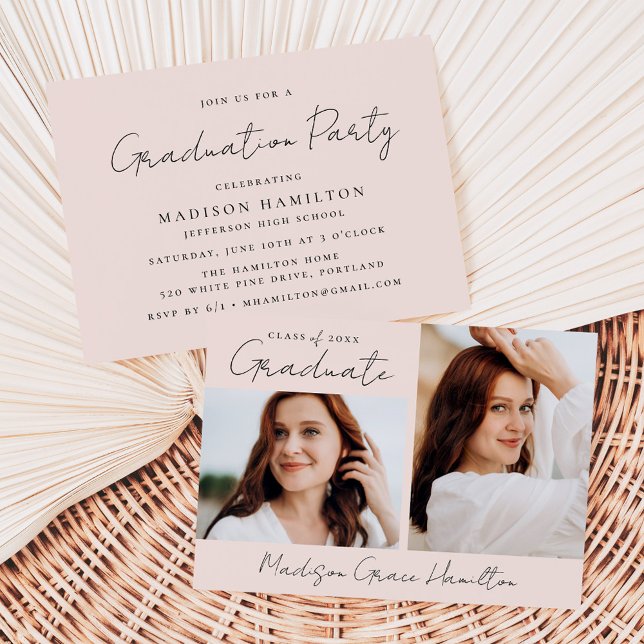 Invitation Script manuscrit moderne Blush 2 Photo Graduation (Créateur téléchargé)