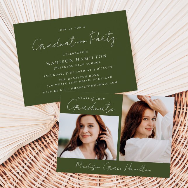Invitation Script manuscrit moderne Vert 2 Photo Graduation (Créateur téléchargé)