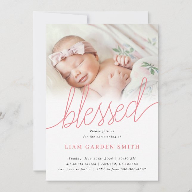 Invitation Script manuscrit rose Christening Baptême Photo (Devant)