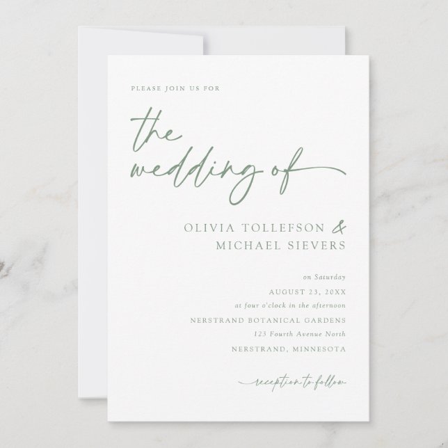 Invitation Script manuscrit Sage Green Mariage moderne (Devant)