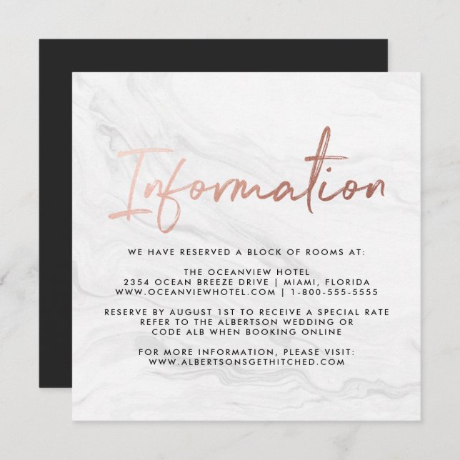 Invitation Script Marbre blanc moderne | Informations sur le  (Devant / Derrière)