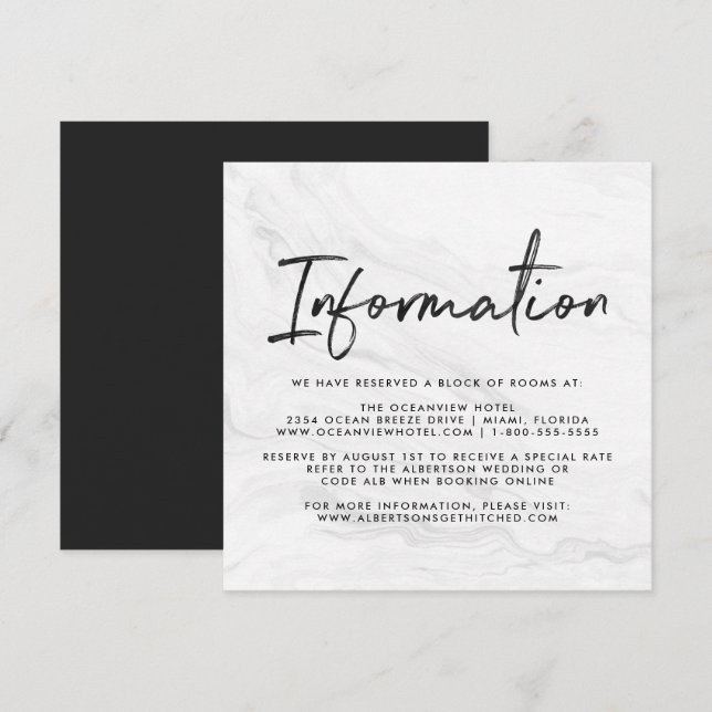 Invitation Script Marbre blanc moderne | Informations sur le  (Devant / Derrière)