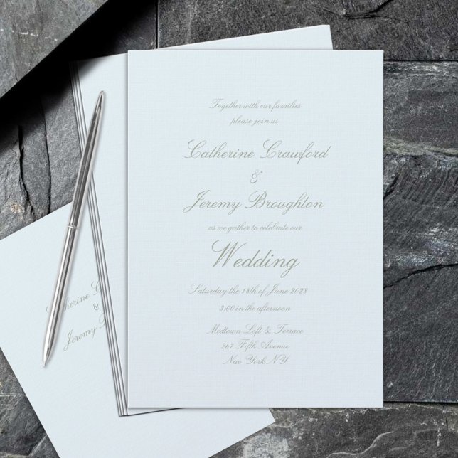 Invitation Script Mariage classique en poudre de lin bleu (Classic Powder Blue Linen Wedding Script Invitation)