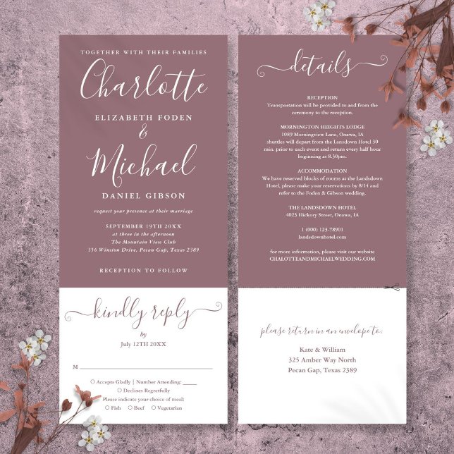 Invitation Script Mauve Élégant Tout En Un Mariage (Mauve Elegant Script All In One Wedding Invitation)
