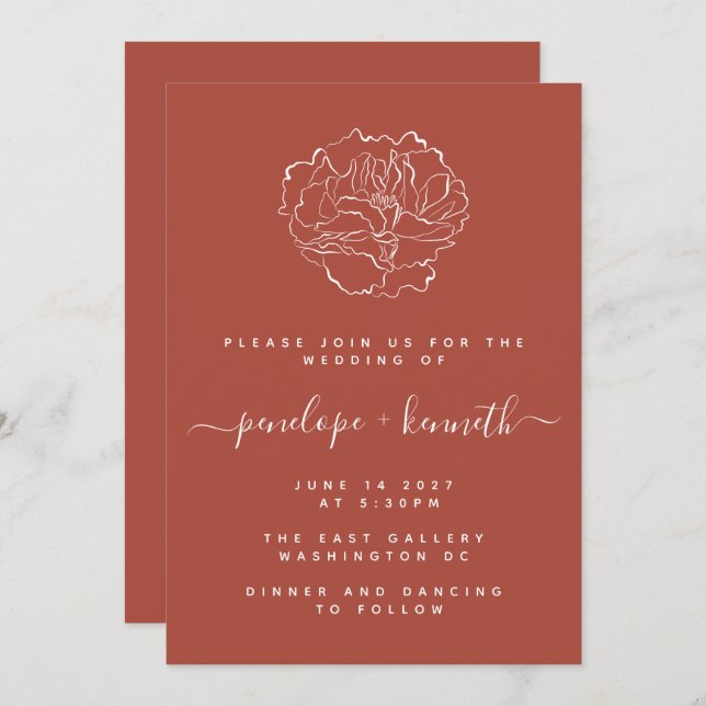 Invitation Script minimal Mariage d'art floral | Terracotta (Devant / Derrière)