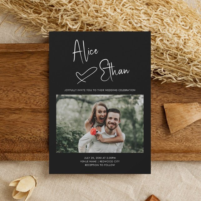 Invitation Script minimal Signature Coeur photo noir (Créateur téléchargé)