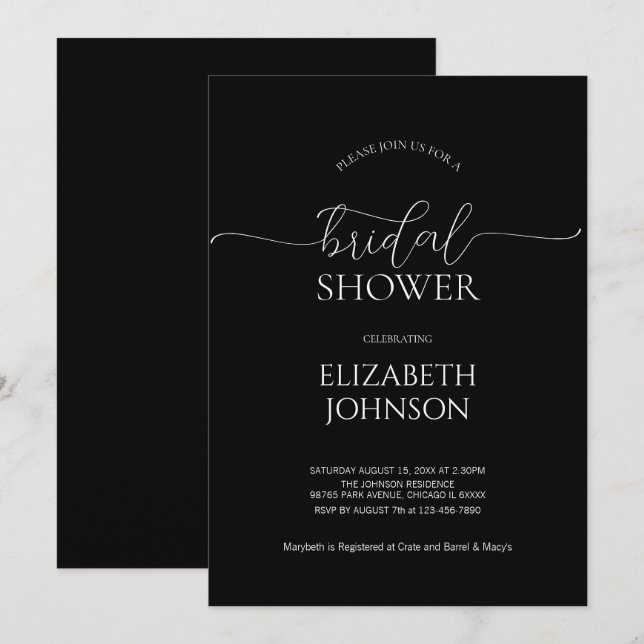 Invitation Script minimal simple Fête des mariées noir et bla (Devant / Derrière)