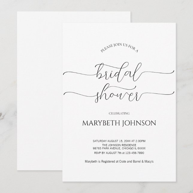 Invitation Script minimal simple Fête des mariées noir et bla (Devant / Derrière)