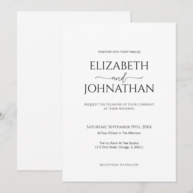 Invitation Script minimal simple Mariage noir et blanc (Devant / Derrière)