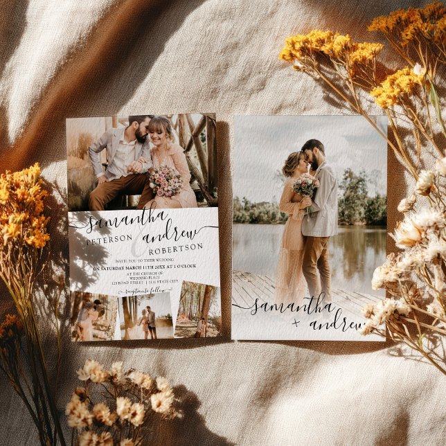 Invitation Script minimaliste blanc moderne 5 photos mariage (Modern white minimalist script 5 photos wedding invitation)