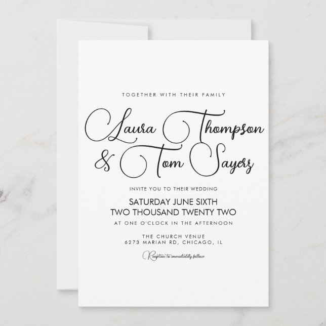 Invitation Script minimaliste élégant noir blanc Mariage chic (Devant)