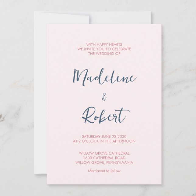 Invitation Script minimaliste moderne Mariage bleu rose (Devant)