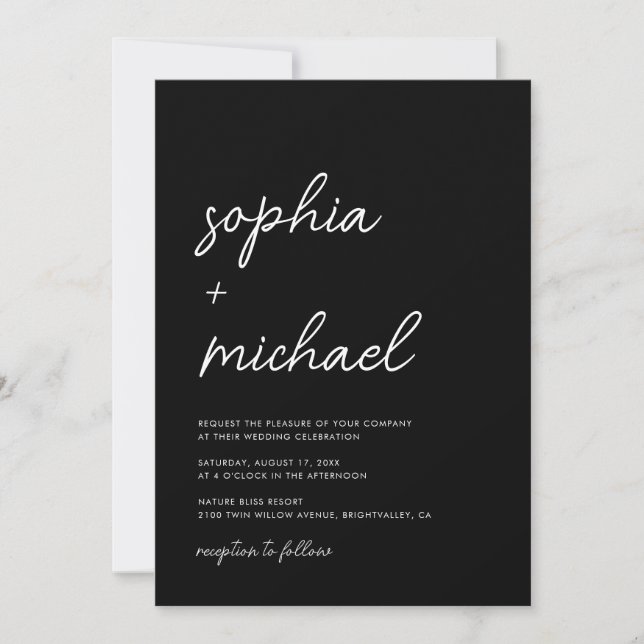 Invitation Script minimaliste moderne Mariage noir (Devant)