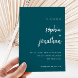 Invitation Script minimaliste moderne Profondément Turquoise<br><div class="desc">Ces invitations de mariage élégantes et minimalistes sont caractérisées par une typographie écriture blanche et moderne et un texte sans serif propre pour un design turquoise simple et élégant que vous aimerez.</div>