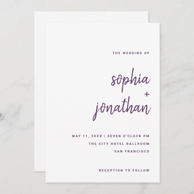 Invitation Script minimaliste moderne violet sur blanc | MARI (Devant / Derrière)