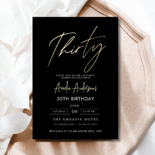 Invitation Script minimaliste noir et or 30e anniversaire