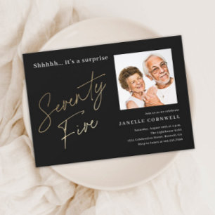 Invitation Script minimaliste noir et or 75e anniversaire