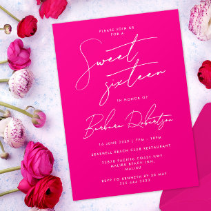 Invitation Script minimaliste rose chaud Sweet sixteen chic