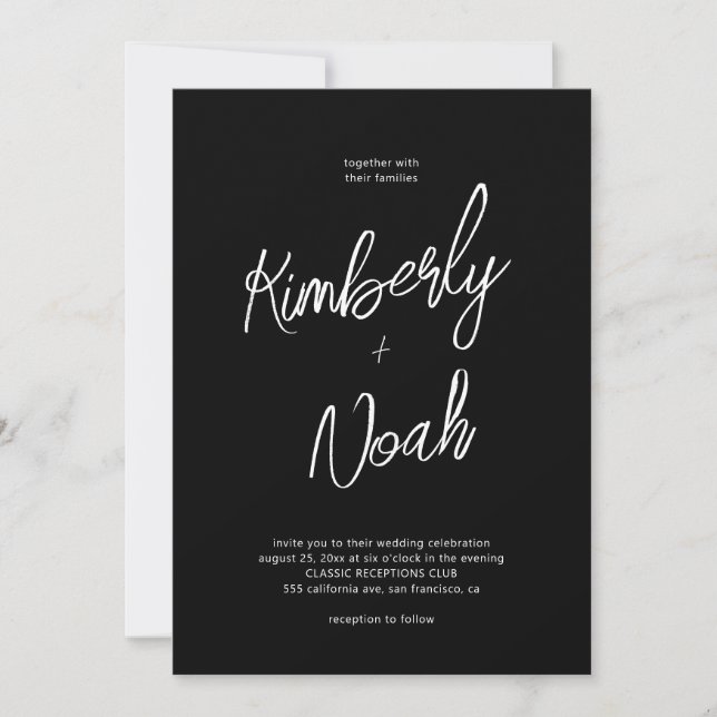 Invitation Script minimaliste simple mariage noir et blanc (Devant)