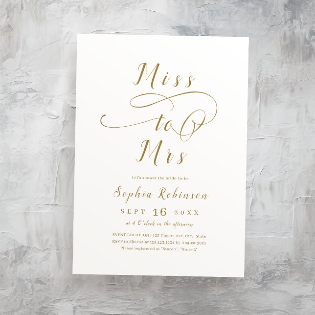 Invitation Script Miss à Mrs romantique en or pour la douche  (Gold romantic Miss to Mrs script bridal shower Invitation)