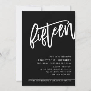 Invitation SCRIPT MODERNE 15e anniversaire fête noir blanc