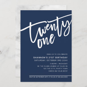 Invitation SCRIPT MODERNE 21e anniversaire bleu marine sombre