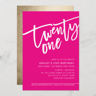 Invitation SCRIPT MODERNE 21e anniversaire de fête rose blanc