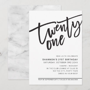 Invitation SCRIPT MODERNE 21e anniversaire fête noir blanc