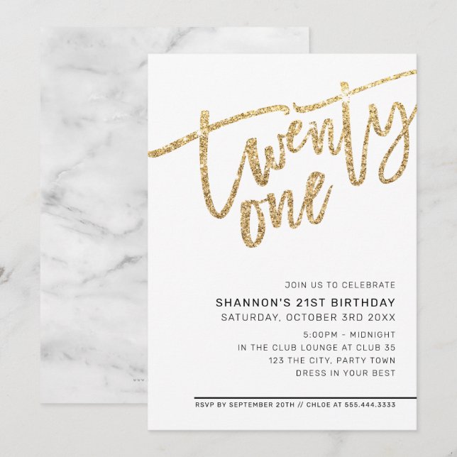 Invitation SCRIPT MODERNE 21e anniversaire parties scintillan (Devant / Derrière)