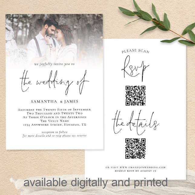Invitation Script moderne 2 QR Codes Mariage photo tout en un (Front and Back view. Available digitally and printed. Part of a large matching collection)