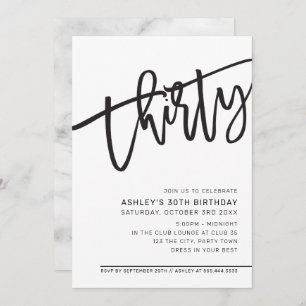 Invitation SCRIPT MODERNE 30e anniversaire fête noir blanc