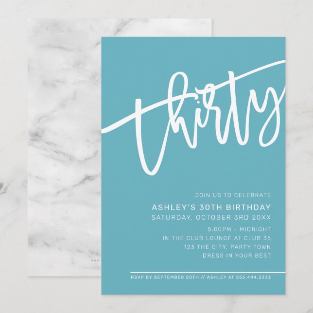 Invitation SCRIPT MODERNE 30e anniversaire fête turquoise bla (Devant / Derrière)