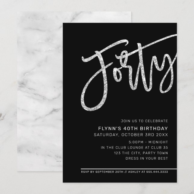 Invitation SCRIPT MODERNE 40e anniversaire fête argent noir (Devant / Derrière)