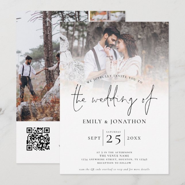 Invitation Script moderne 4 Grille photo QR Code Mariage (Devant / Derrière)