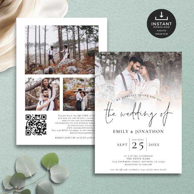 Invitation Script moderne 4 Photos superposer Mariage de code (Front and back view)