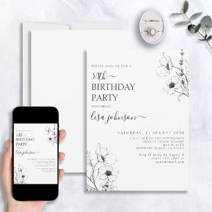 Invitation Script moderne 50e anniversaire noir blanc floral