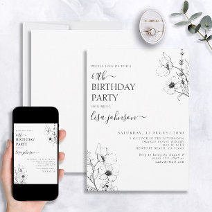 Invitation Script moderne 60e anniversaire noir blanc floral
