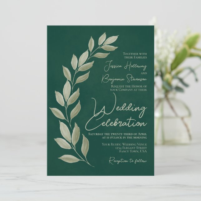 Invitation Script moderne Aquarelle Emerald Mariage (Debout devant)