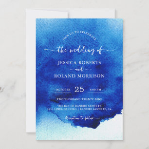 Invitation Script moderne Aquarelle Indigo Mariage bleu