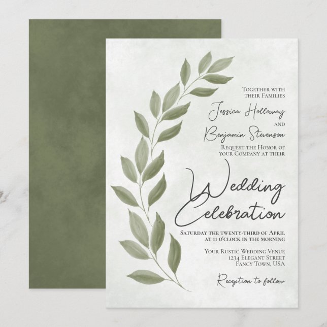 Invitation Script moderne Aquarelle Sage Mariage de verdure (Devant / Derrière)