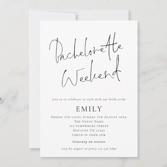 Invitation Script moderne Bachelorette Heekend Itinéraire (Devant)