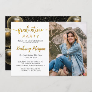 Invitation Script moderne Black Gold Balloon Graduation Photo