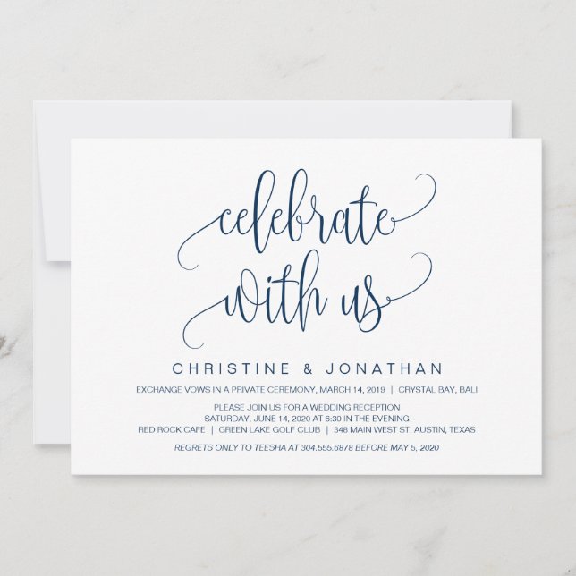 Invitation Script Moderne, Bleu Marine, Mariage en Elopement (Devant)