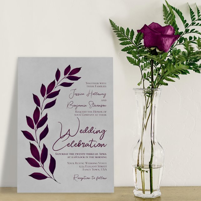 Invitation Script moderne Cassis Feuilles violets sur Mariage (Créateur téléchargé)