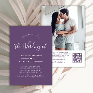 Invitation Script moderne Coeur pourpre QR Code Mariage photo