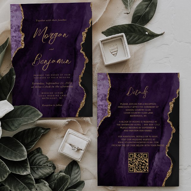Invitation Script moderne d'agate violet Code QR Mariage (Créateur téléchargé)
