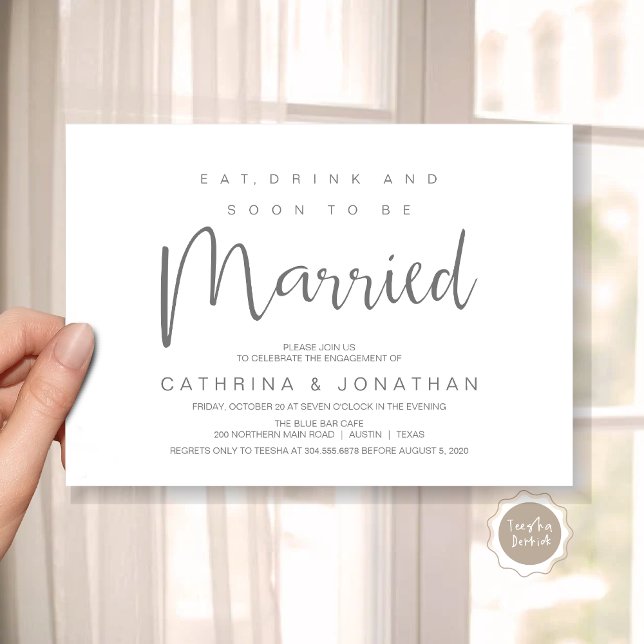 Invitation Script moderne, Dîner Fiançailles Fête (Modern Script, Engagement Dinner Party Invitation Card, Eat, Drink, Soon To Be Married, Dark Grey)