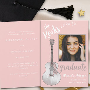 Invitation Script Moderne Diplômé Photo Rose Guitare Country