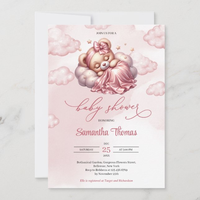 Invitation Script moderne dormir ours fille Baby shower (Devant)
